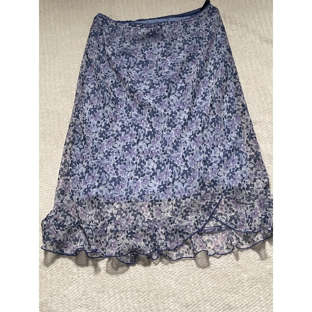 Dressbarn Womens Blue Purple Floral Chiffon Ruffle Midi Skirt Size M